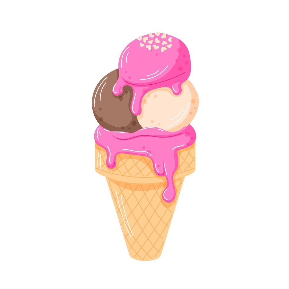 Ice cream cone with three scoops and pink dripping glaze topped with heart shaped sprinkles in cartoon style. Sweet and colorful treat for celebration, summer theme and romantic holiday. vector