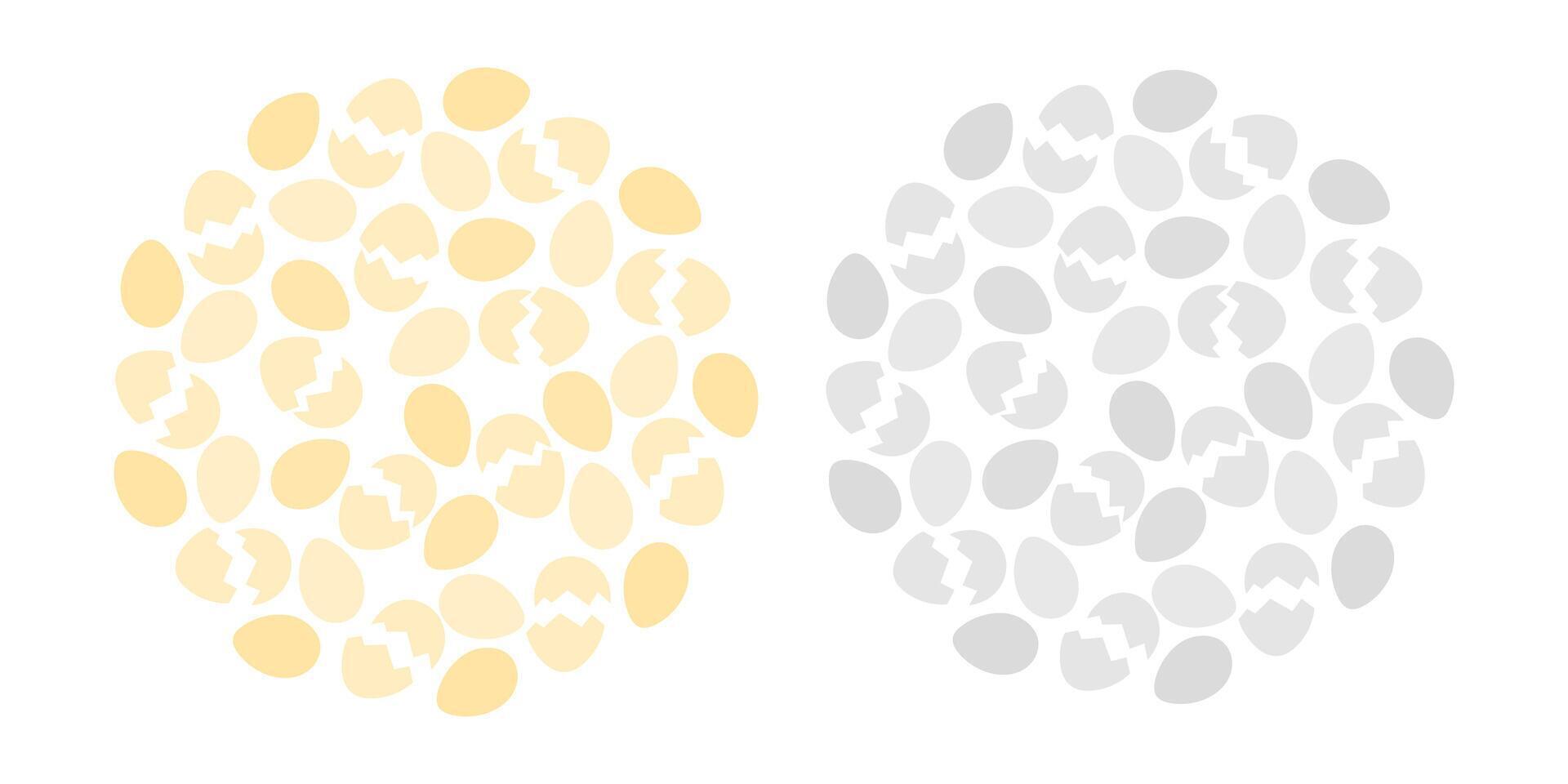 Cracked eggshell and Eggs Circle Background in trendy monochrome gold and grayscale. Eggs background. Isolated illustration Thematic cards, prices, label or web promo banner, leaflets, booklet vector