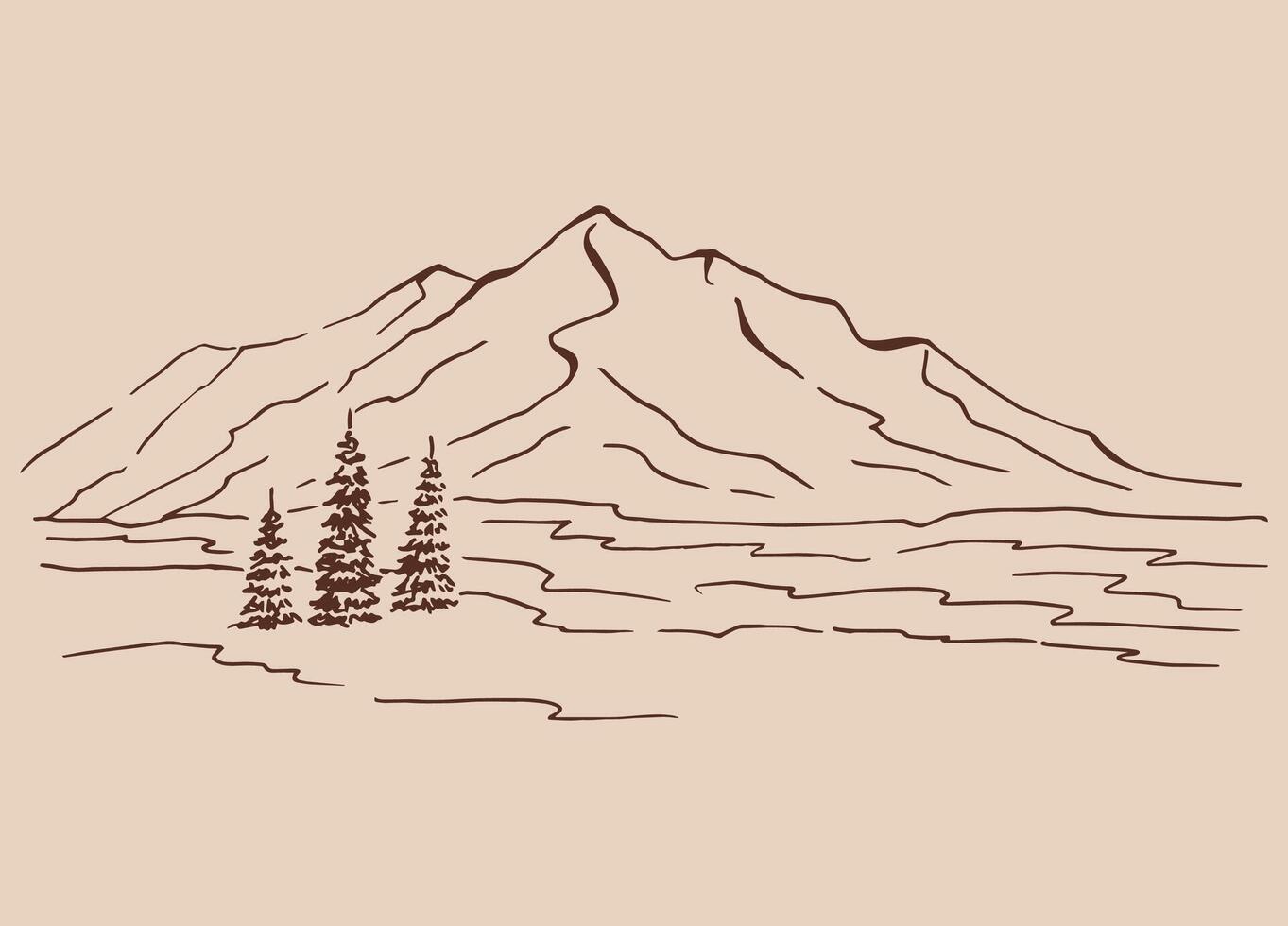 Mountain with pine trees and lake. Hand drawn illustration. vector
