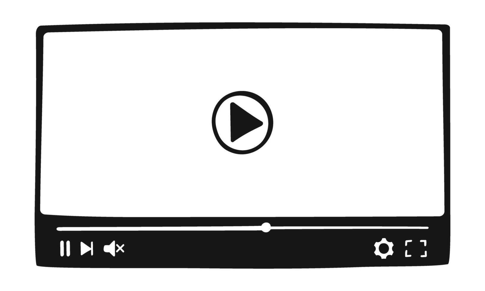 player interface in handdrawn style. Online film screen with progress slider bar and buttons. Multimedia mobile app window template for movie playing. doodle illustration vector
