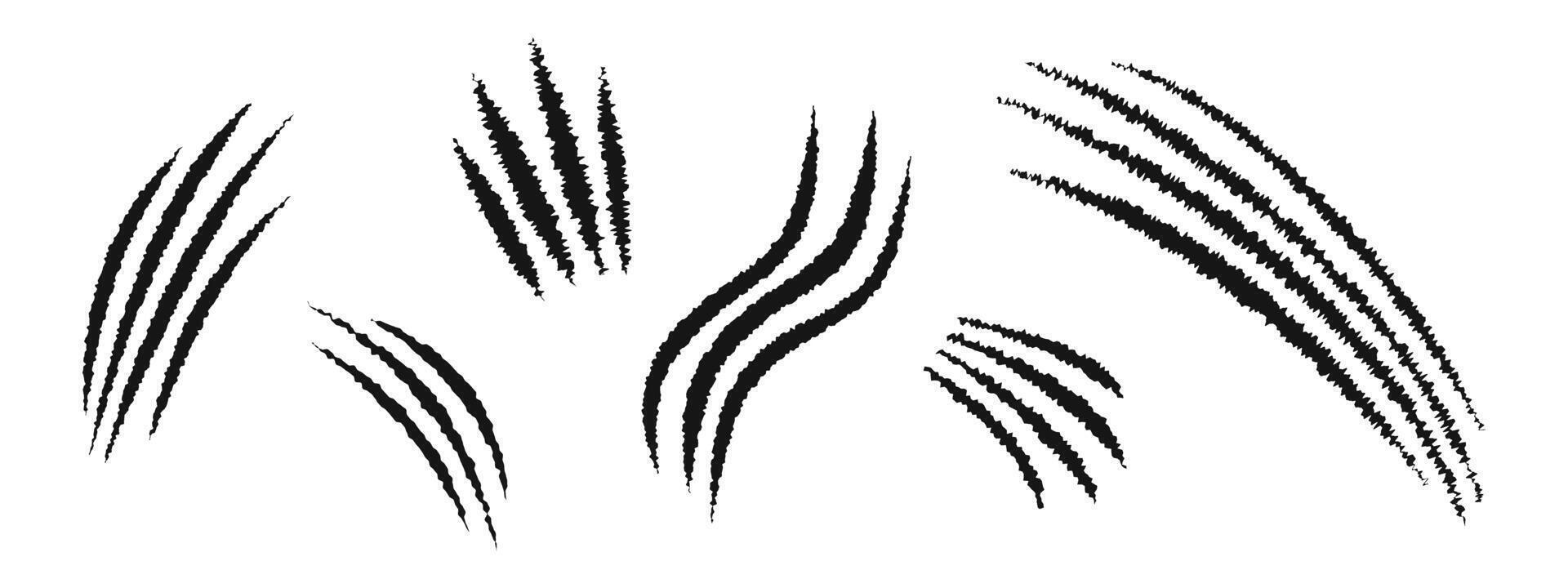 Set of different scratch claw marks. Tiger, bear, wolf, panther, monster, werewolf talons trace isolated on white background. Scary torn scars. Wild animals scratches track vector