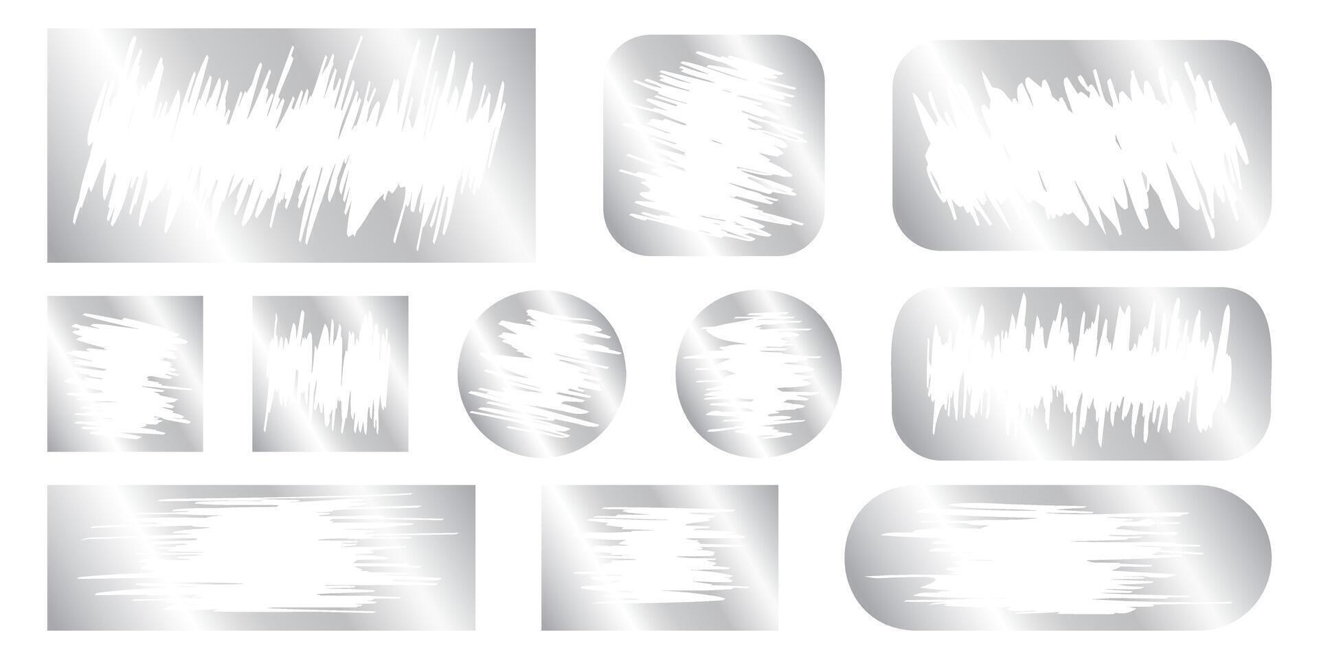 Set of silver scratch card surfaces with scraped textures isolated on white background. Collection of metallic scratchcards, lotto winner, money prize or sale coupon templates. illustration vector