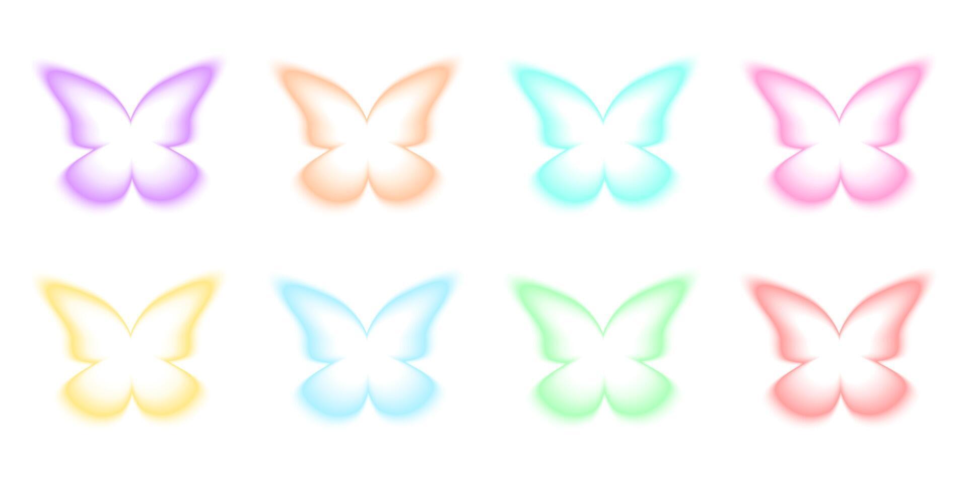 Colorful butterfly shapes in holographic blurry style. Set of trendy y2k stickers with gradient aura effect isolated on dark background vector