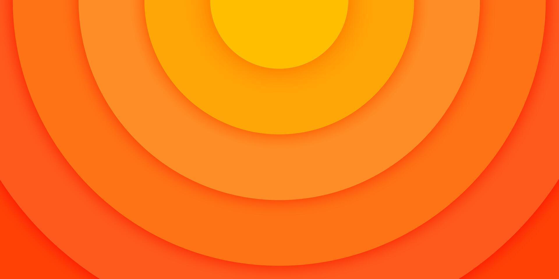 Orange concentric circles banner in paper cut style. Sun, bright sunlight, sunrise, sunset or sunburst background. Ripples, impact, sonar wave, epicenter, radar wallpaper vector