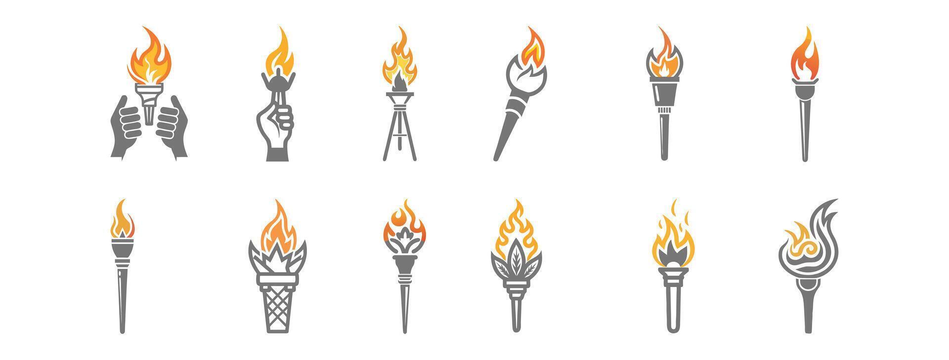 Fire Torch Icons Set Outlined Illustrations for Design. vector