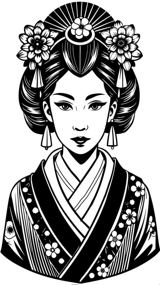 Elegant Geisha in Traditional Japanese Kimono with Floral Hair Ornaments. vector