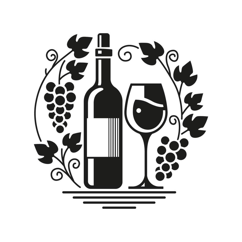 An image of a wine glass, wine bottle leaves and a bunch of grapes done in a stencil style, black on a white background. vector
