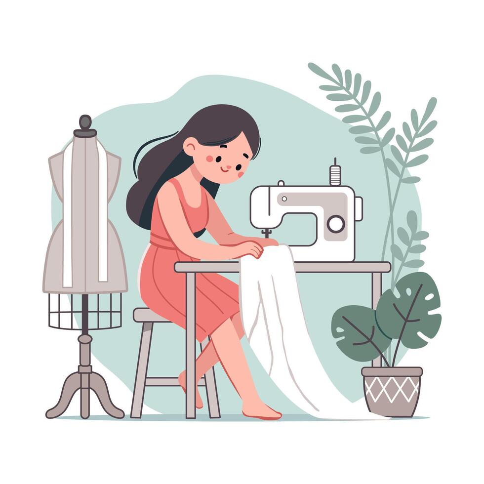 A nice young woman is sewing clothes on a sewing machine. There is a mannequin standing nearby. vector