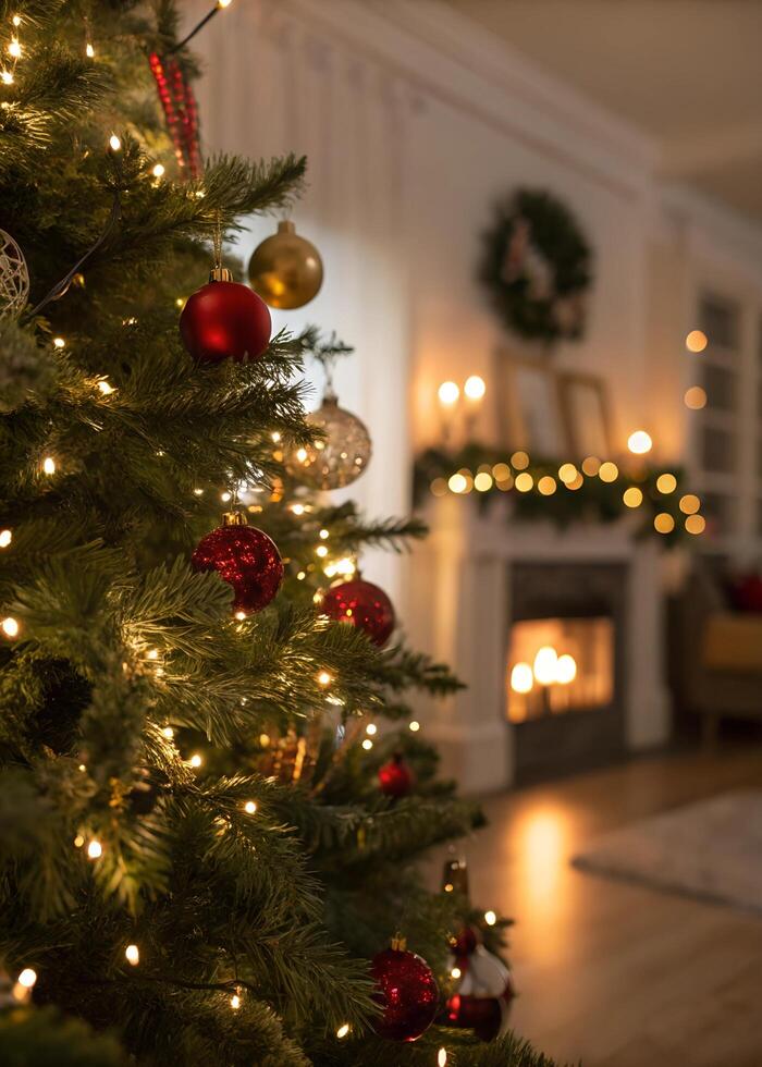 Close up image of a Christmas tree captured with an out of focus effect in the cozy room with fireplace photo