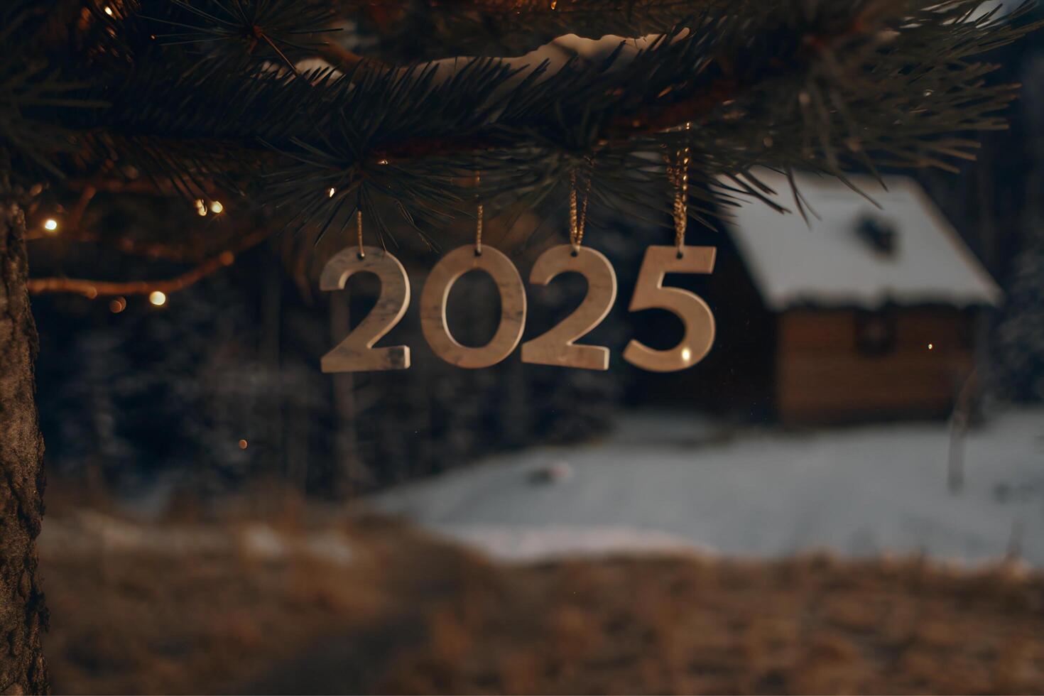 Decorated Christmas tree with the numbers 2025 hanging on it. Happy New Year photo
