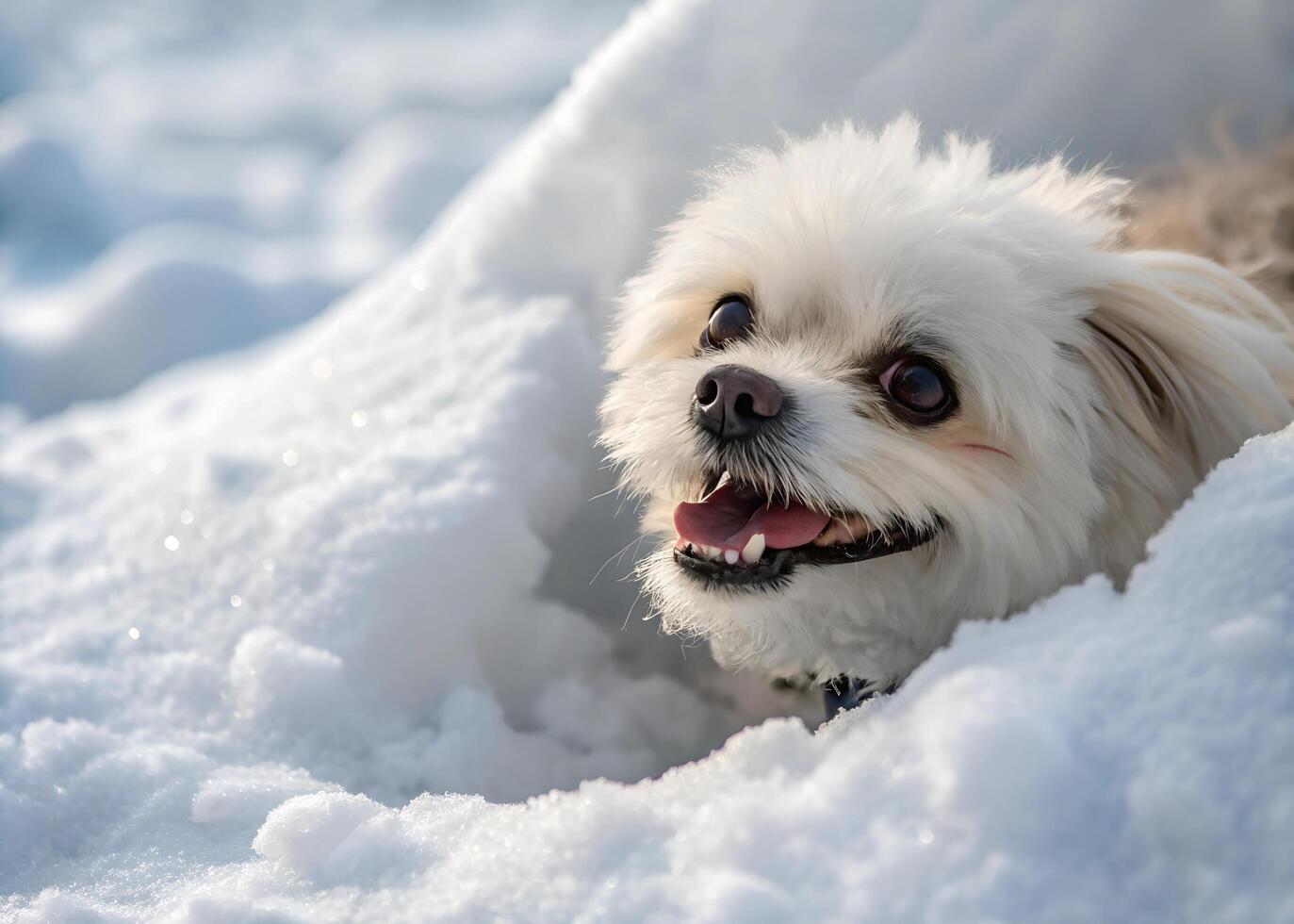 Playful, adorable dog comfortably lying in large, high snow drifts photo