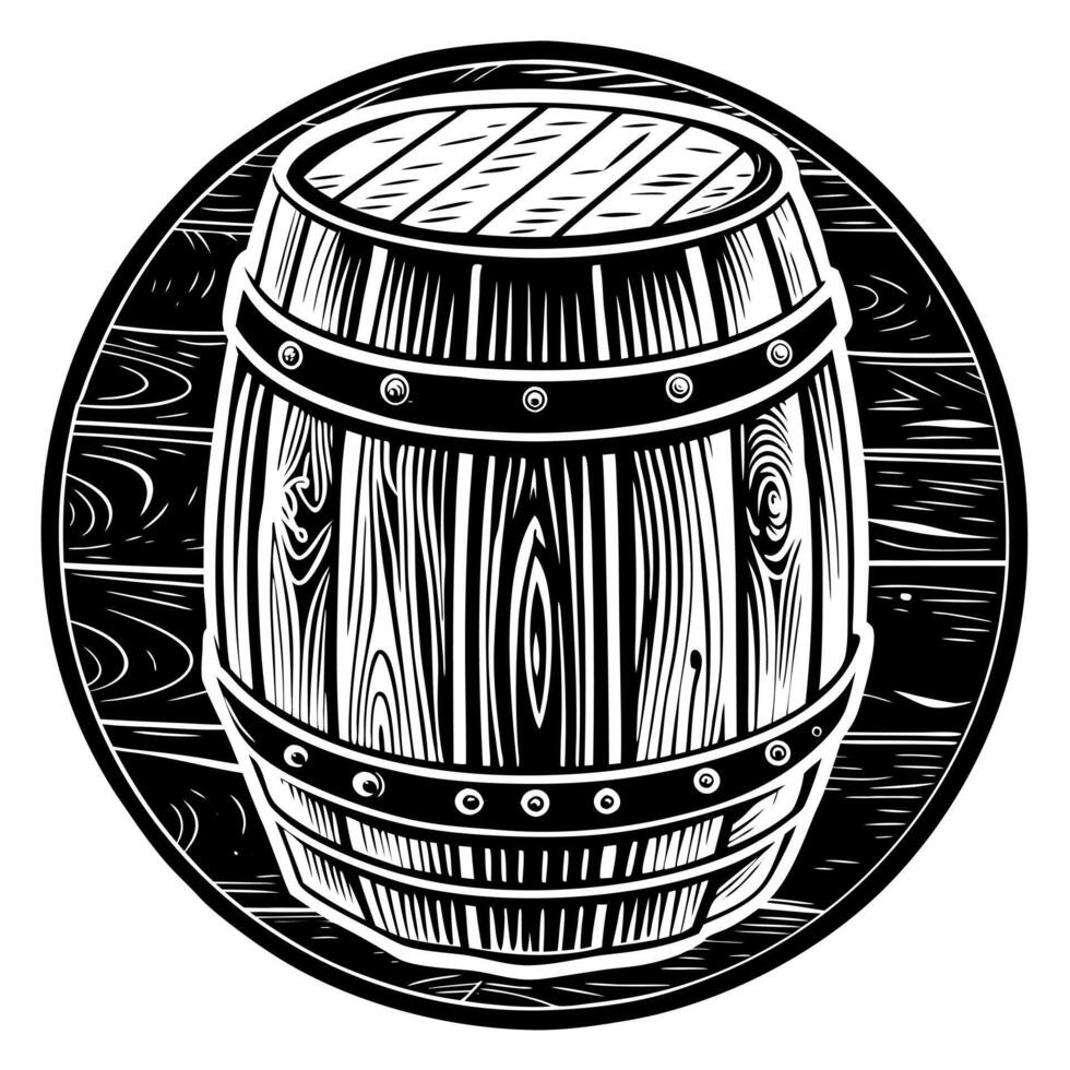 Black and White Wooden Barrel Illustration with Metal Hoops and Detailed Wood Texture. vector