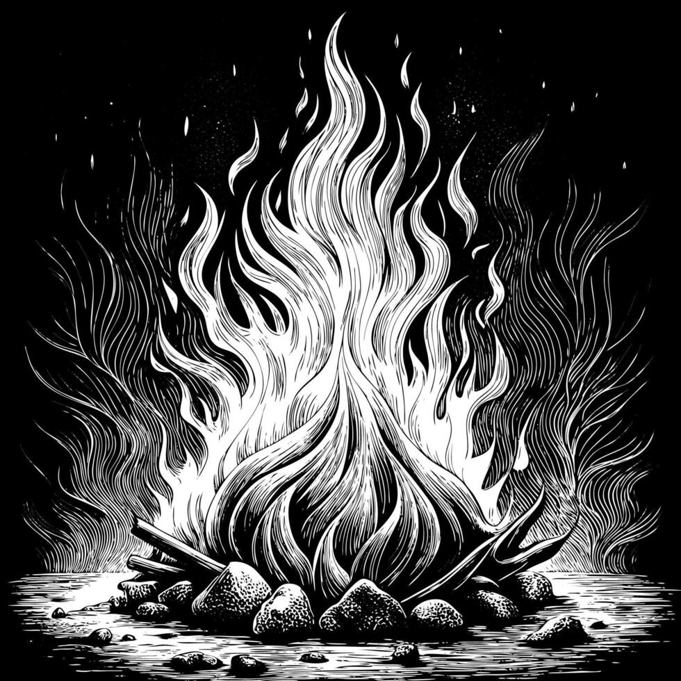 Black and White Illustration of a Large Campfire Burning Brightly in the Night vector