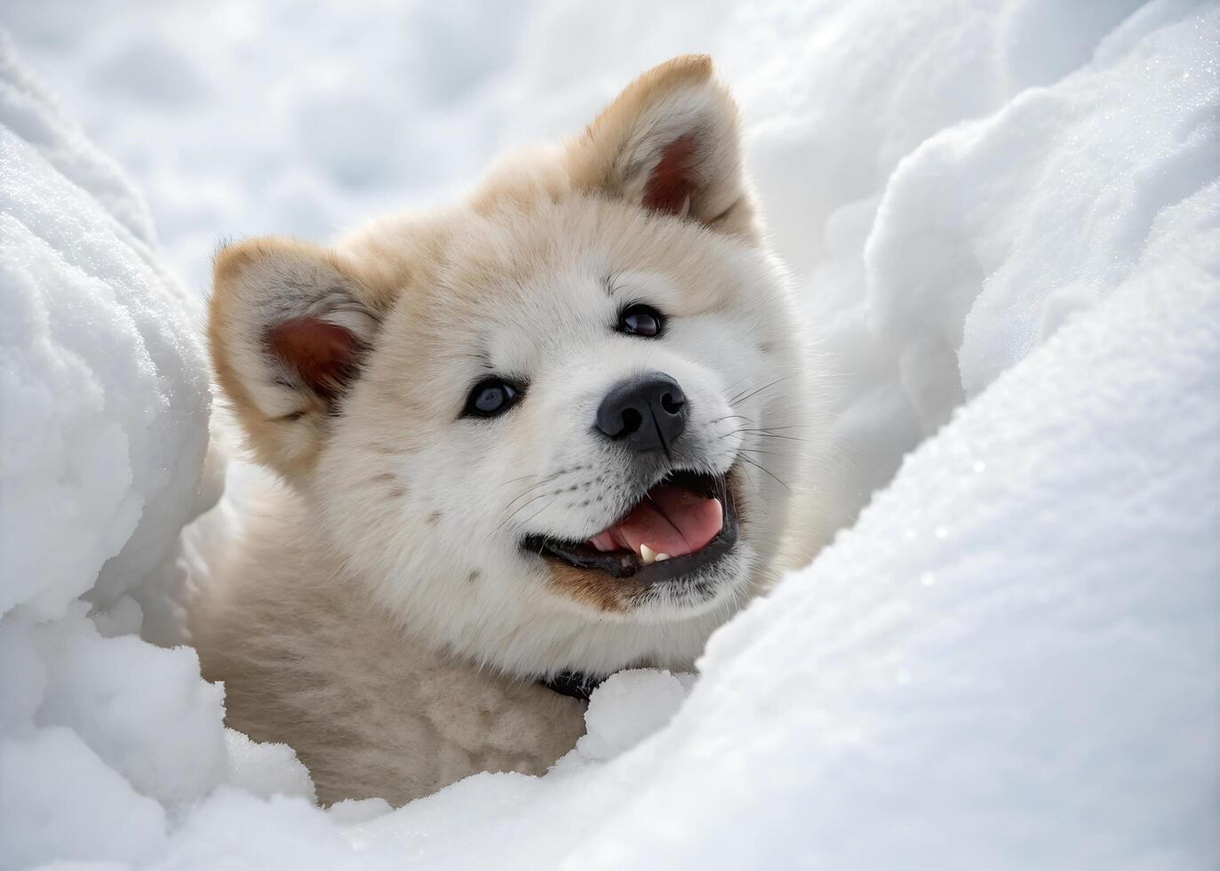 Cute Shiba Inu dog comfortably lying in large, high snow drifts photo