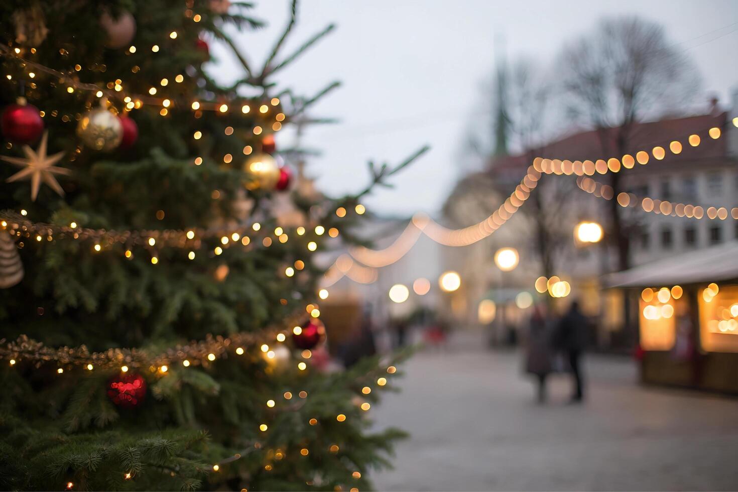 Close up image of a Christmas tree captured with an out of focus effect on the city street photo