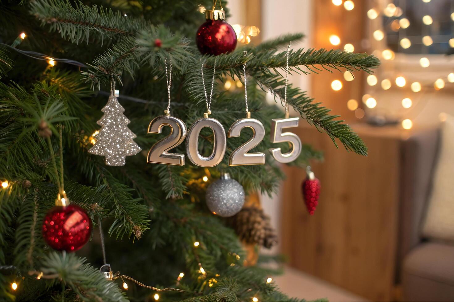 Close up view of the decorated Christmas tree with the numbers 2025 hanging on it. Happy New Year photo