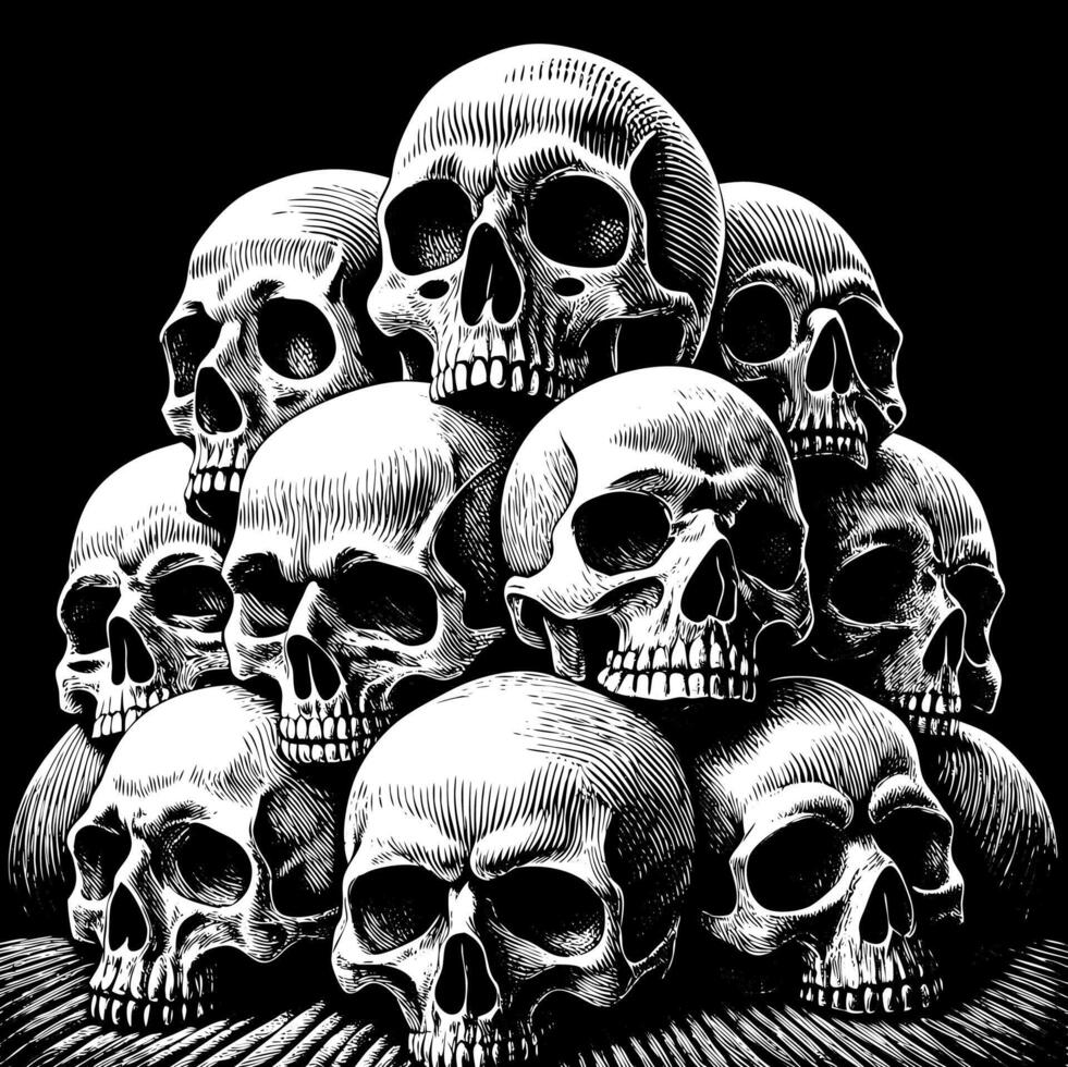 Creepy Artistic Stack of Skulls in Monochrome Design vector