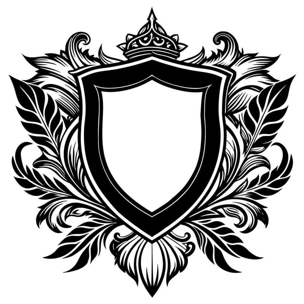 Ornate Black and White Shield with Crown and Leaves. vector