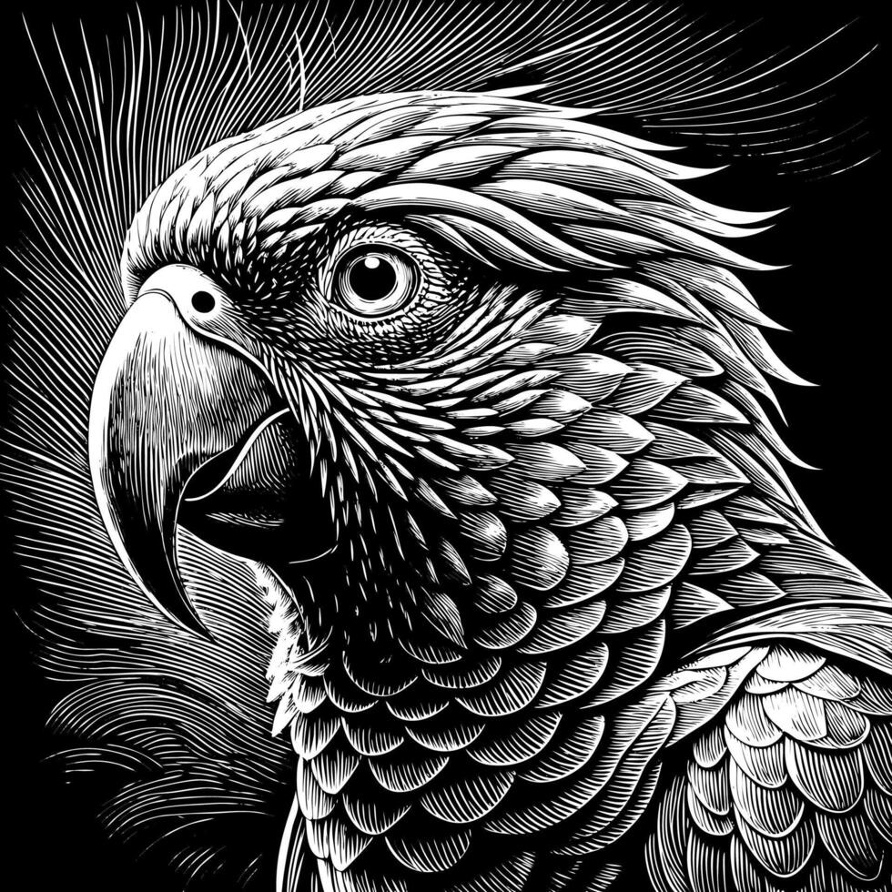 Detailed Black and White Parrot Illustration with Intricate Feather Design vector