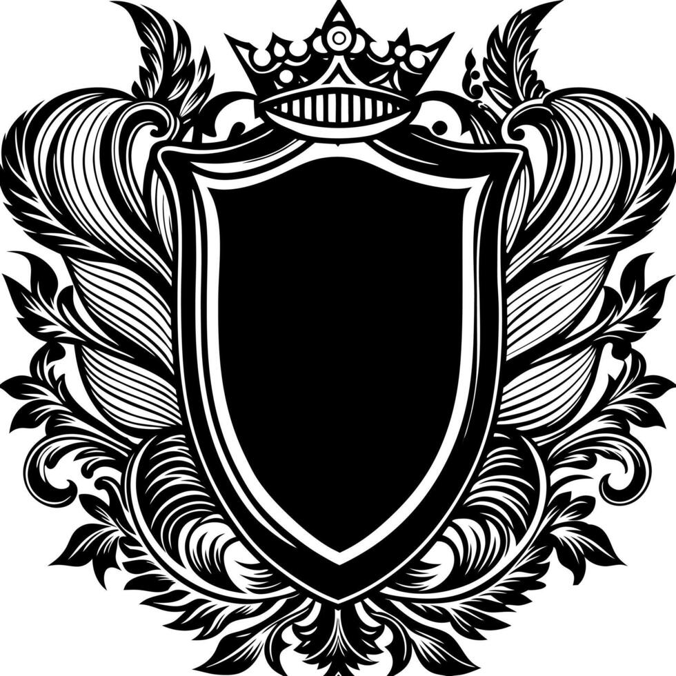 Ornate Black and White Shield with Crown and Floral Design. vector