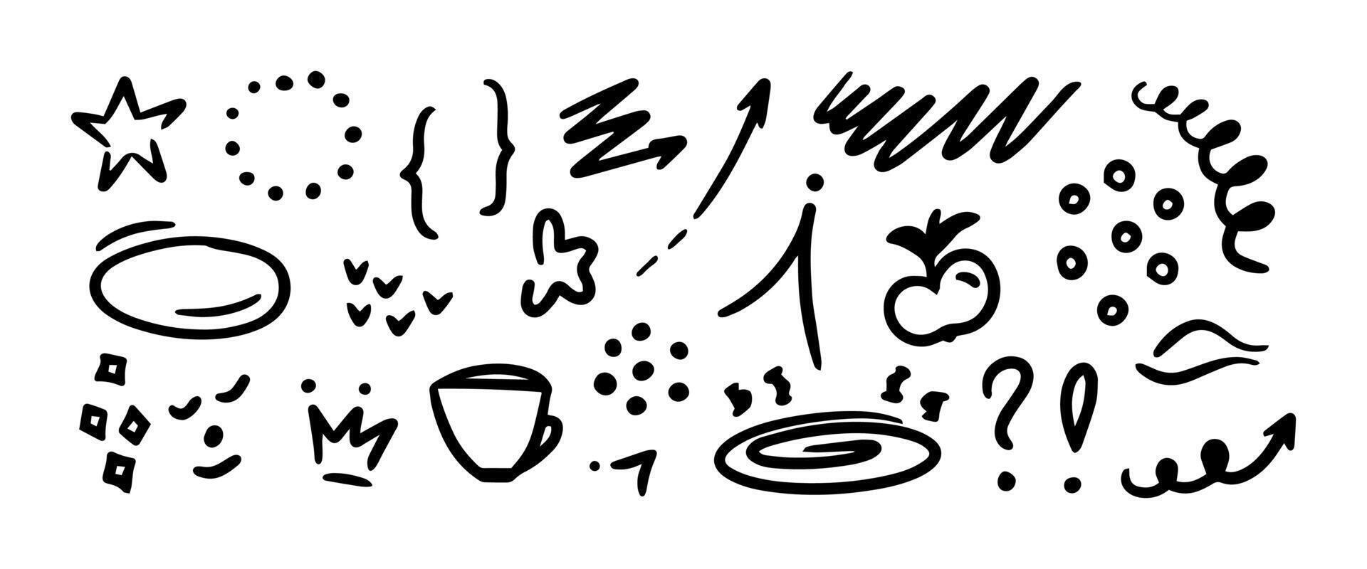 Hand drawn elements, heart, arrow, line, star, crown, speech cloud, flower, emphasis. Line brush or marker scribbles, underlines, pencil sketch graphic. art vector