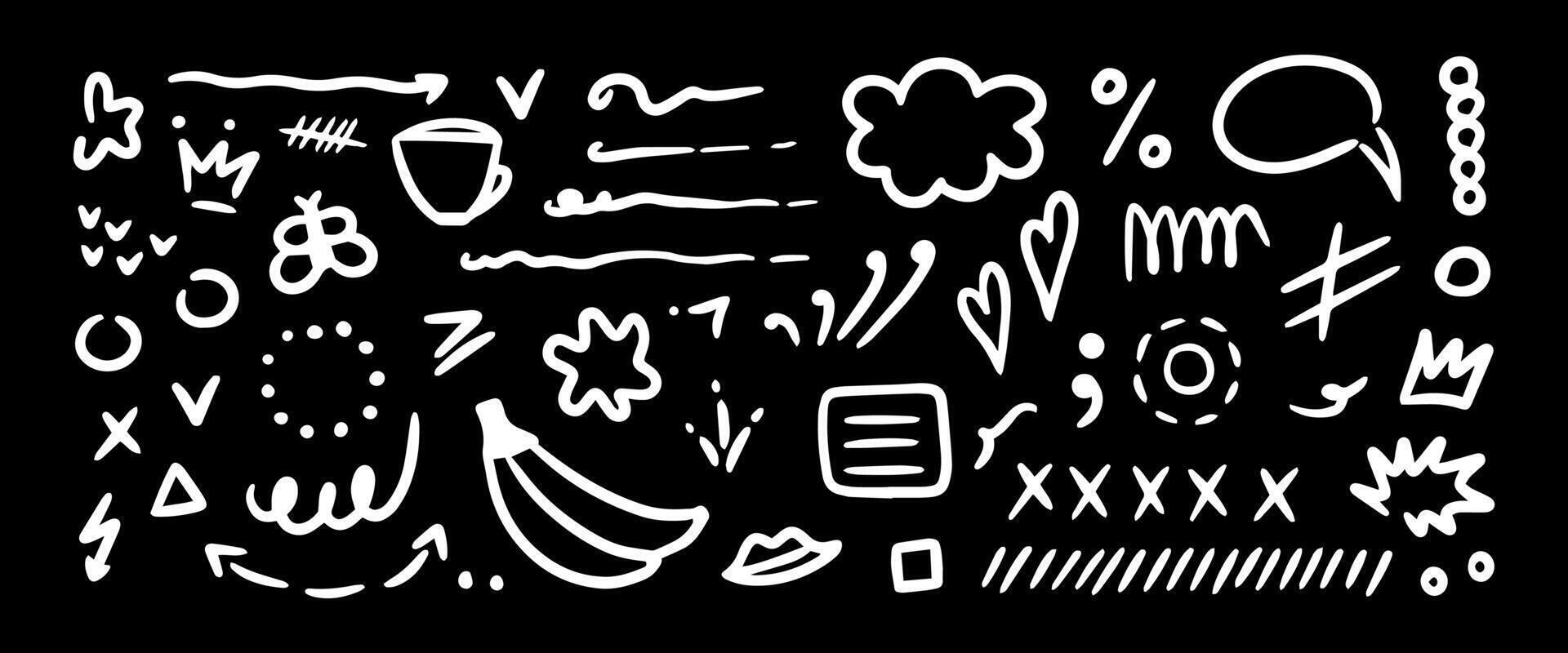 Hand drawn elements, heart, arrow, line, star, crown, speech cloud, flower, emphasis. Line brush or marker scribbles, underlines, pencil sketch graphic. illustration on black background vector