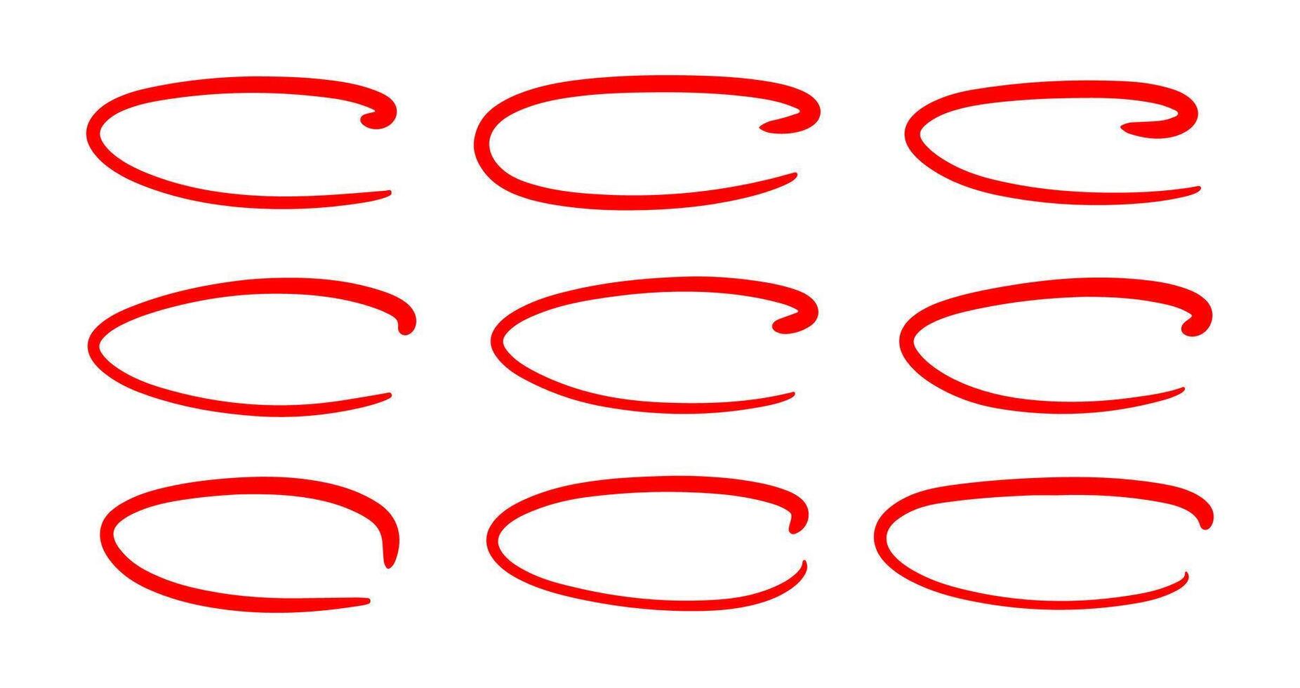 Doodle red ellipses set. Scribble ovals by pen or pencil, bubbles to circle and highlight text. Sketch highlights. Handwriting horizontal ellipses isolated on white background. vector