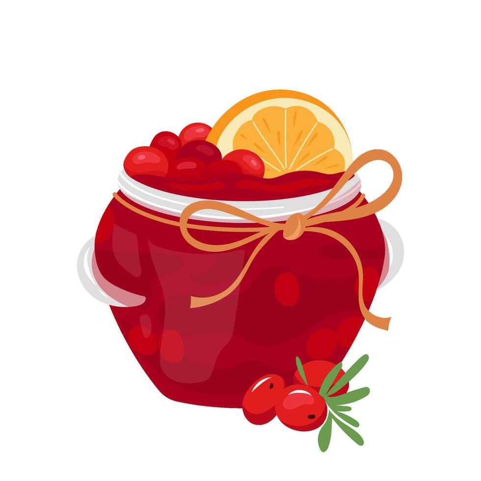 Cranberry confiture in glass jar decorated fresh cranberries berry fruit. Sweet jam in glass of cranberry marmalade design element. illustration of natural product isolated on white background vector