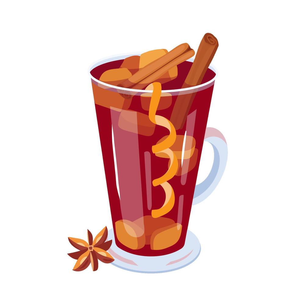 Glass of red aromatic mulled wine with fruits, cinnamon and star anise. Red punch with fruit and spices. Winter holiday alcoholic drink design element. illustration for label and poster. vector