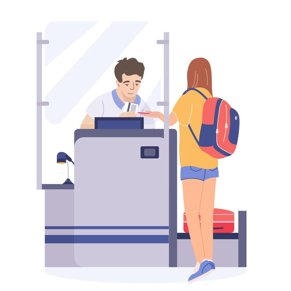 Airport terminal with check desk. Girl with suitcases standing near counter checking documents and tickets for flight. Check-in and boarding concept with man worker. Cartoon flat illustration vector