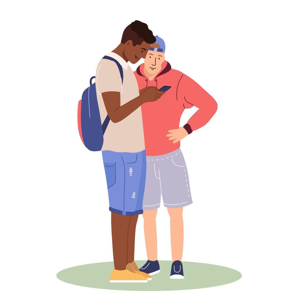 African american student using mobile phone. Two guys holding smartphone and looking at screen, typing, chatting, surfing internet Flat illustration men with cellphone isolated white background vector