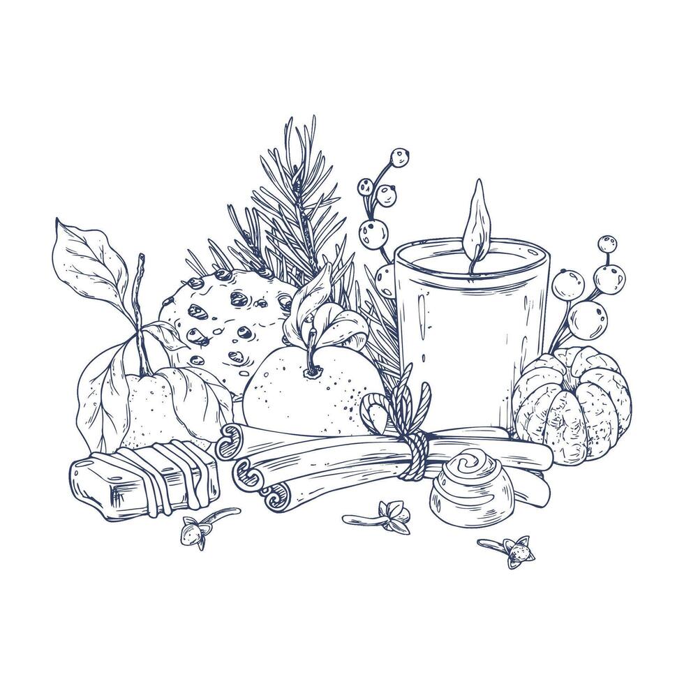 Tangerines with cotton, pine branches and cones, sweets, candle and spices. Graphic illustration hand drawn in black ink. Composition, sublimation, arrangement EPS . vector
