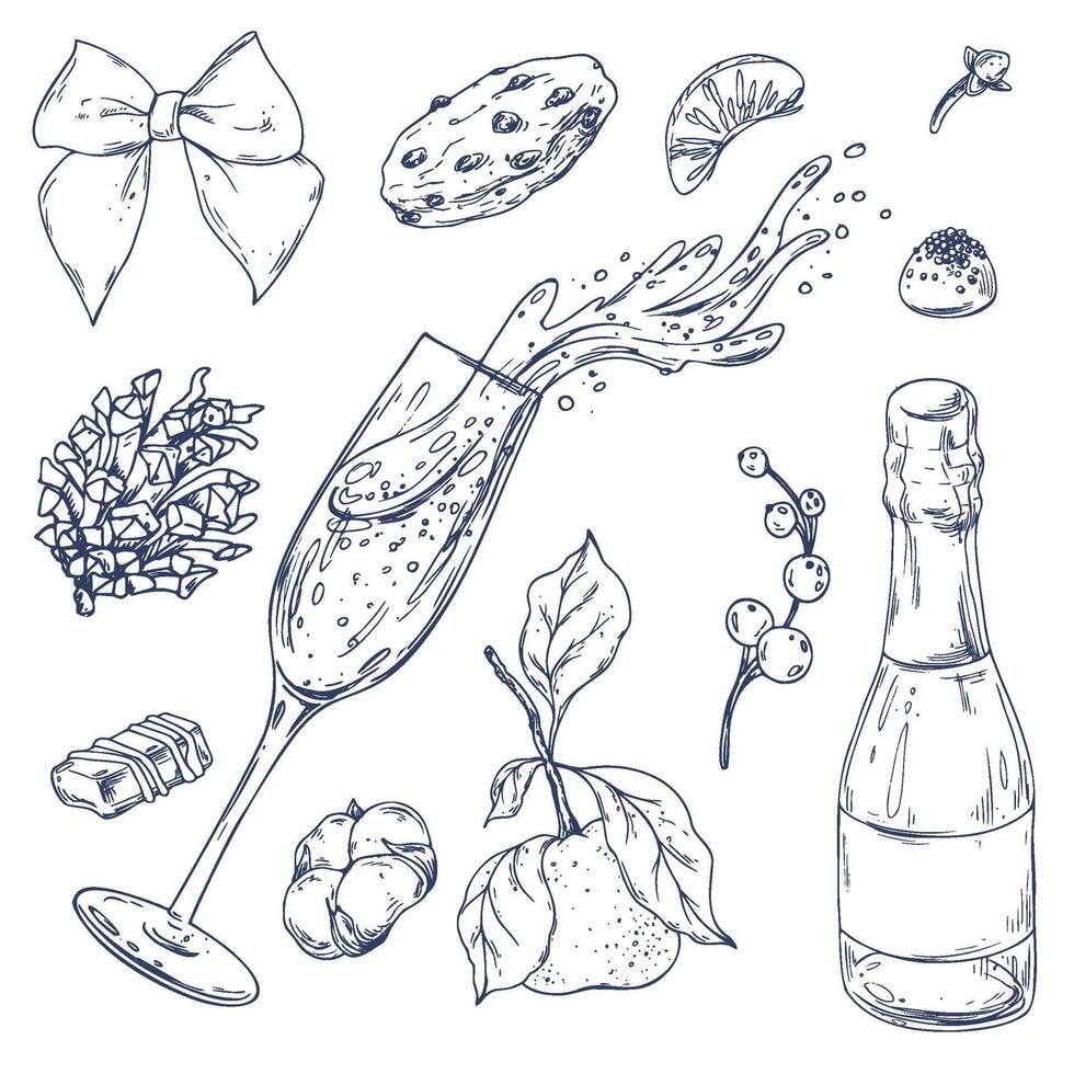 Christmas collection with tangerines, sweets, spices, champagne and plants. Graphic illustration hand drawn in black ink. Clip art, set of elements EPS . vector