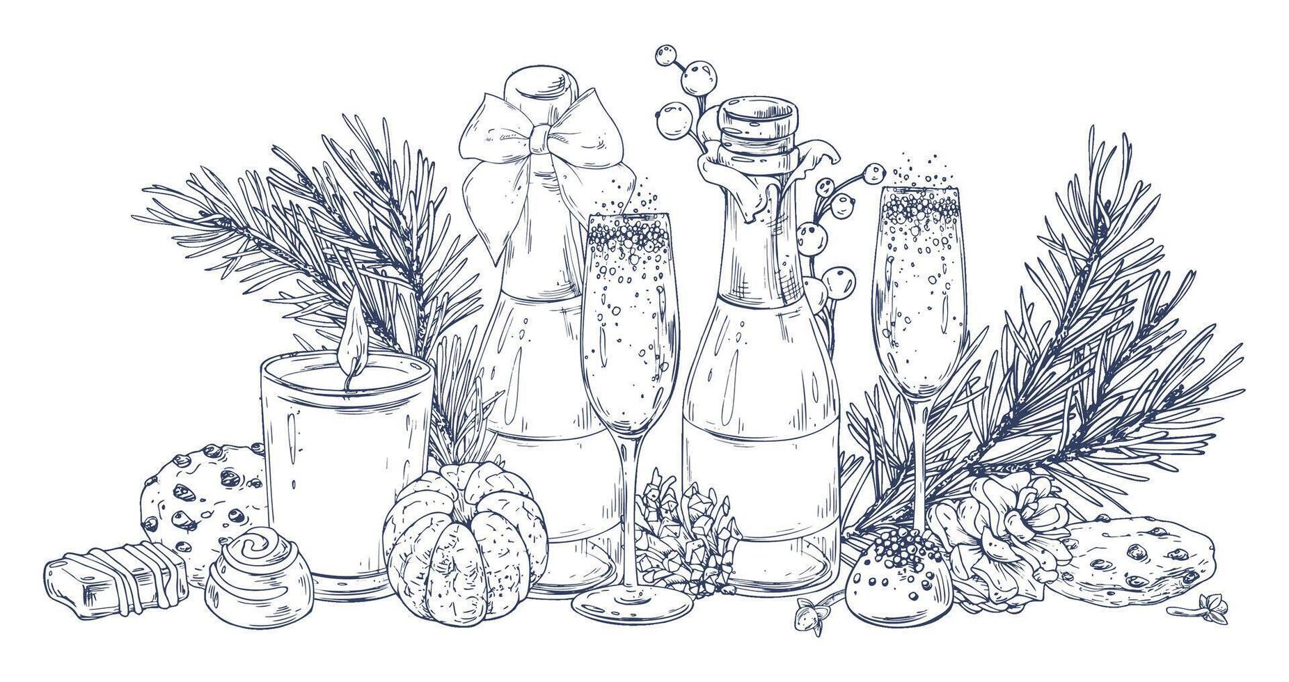Christmas decor with tangerines, champagne. sweets and pine branches. Graphic illustration hand drawn in black ink. Composition, sublimation, arrangement EPS . vector