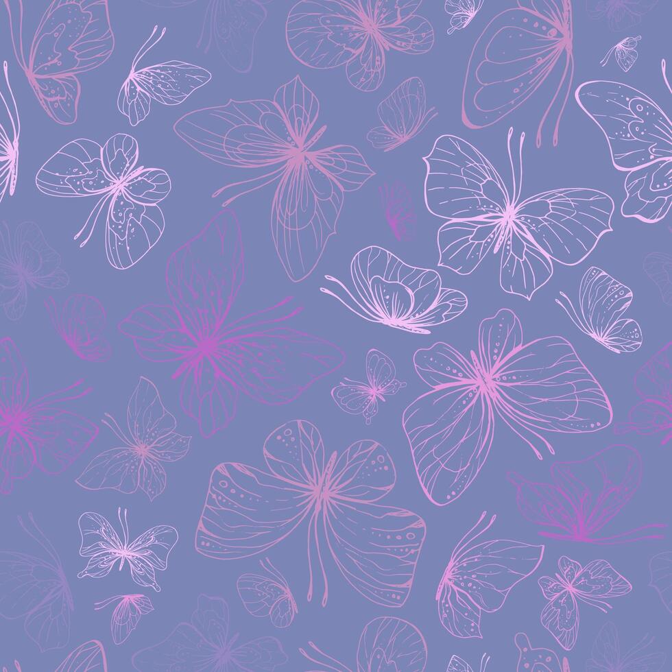 Butterflies are pink, blue, lilac, flying, delicate line art, clip art. Graphic illustration hand drawn in pink, lilac ink. Seamless pattern on a lilac background EPS . vector