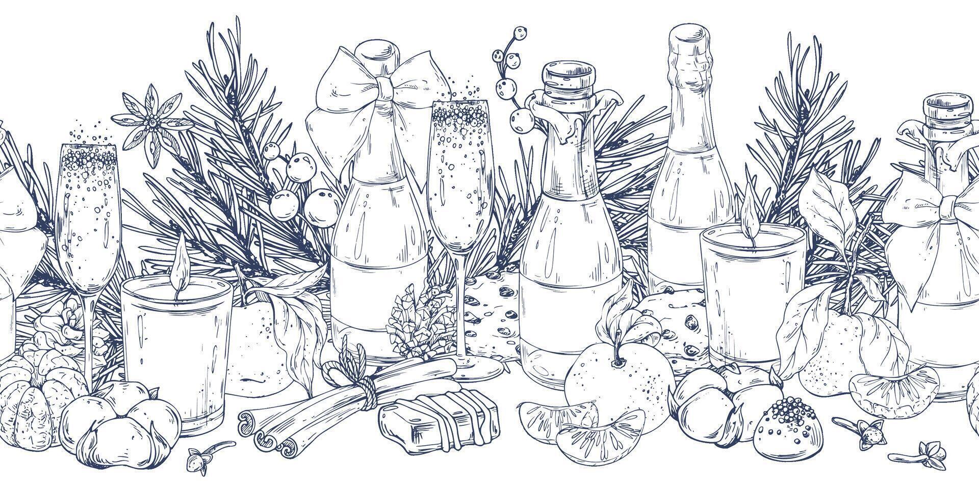 Christmas decor with tangerines, champagne. sweets and pine branches. Graphic illustration hand drawn in black ink. Seamless border pattern EPS . vector