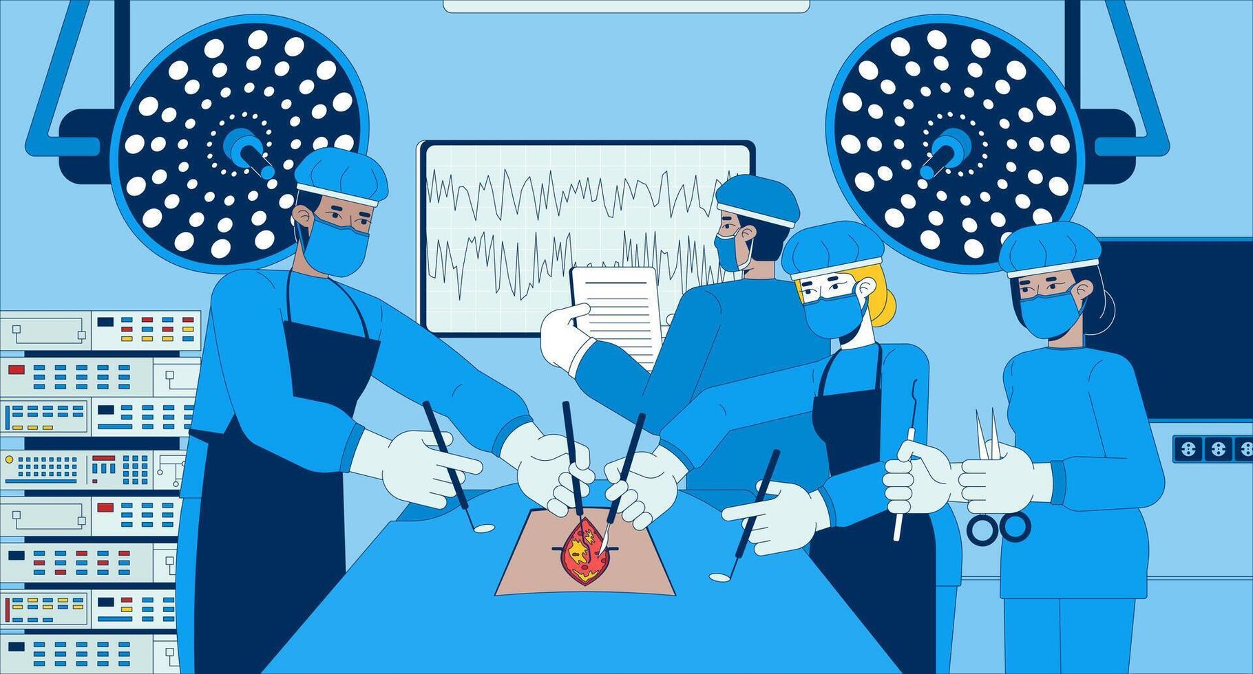 Multicultural doctors performing surgery flat illustration. Scrubs surgeons operating together with scalpels 2D characters cartoon background. Surgical procedure scene storytelling image vector