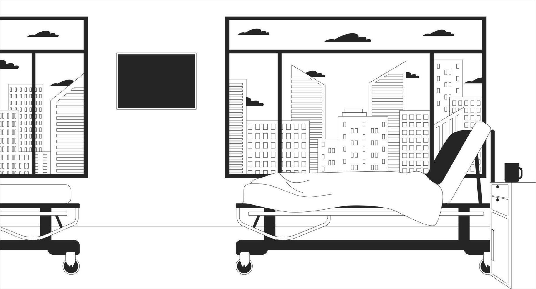 Empty hospital ward with adjustable bed on rolling wheels black and white line illustration. Hospitalization room 2D interior monochrome. Hospital admission. Private clinic sickroom outline vector