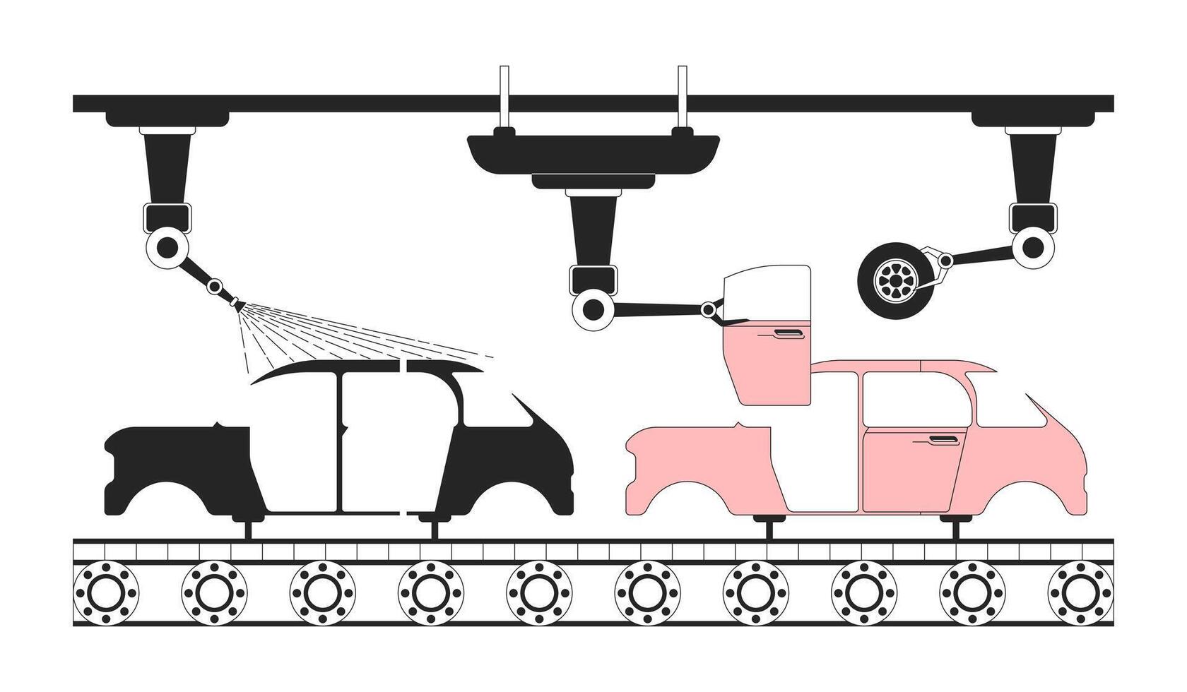 Automotive assembly line black and white 2D object. Auto factory. Robotics in automobile industry. Car production robotic arms isolated clip art outline item. Monochromatic spot illustration vector