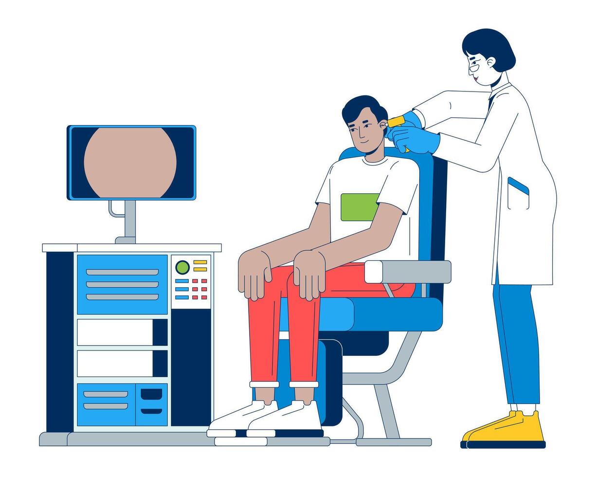 Ear examination cartoon flat illustration. Asian female audiologist with ent device. Otolaryngologist performing patient checkup 2D characters isolated on white background. colorful image vector