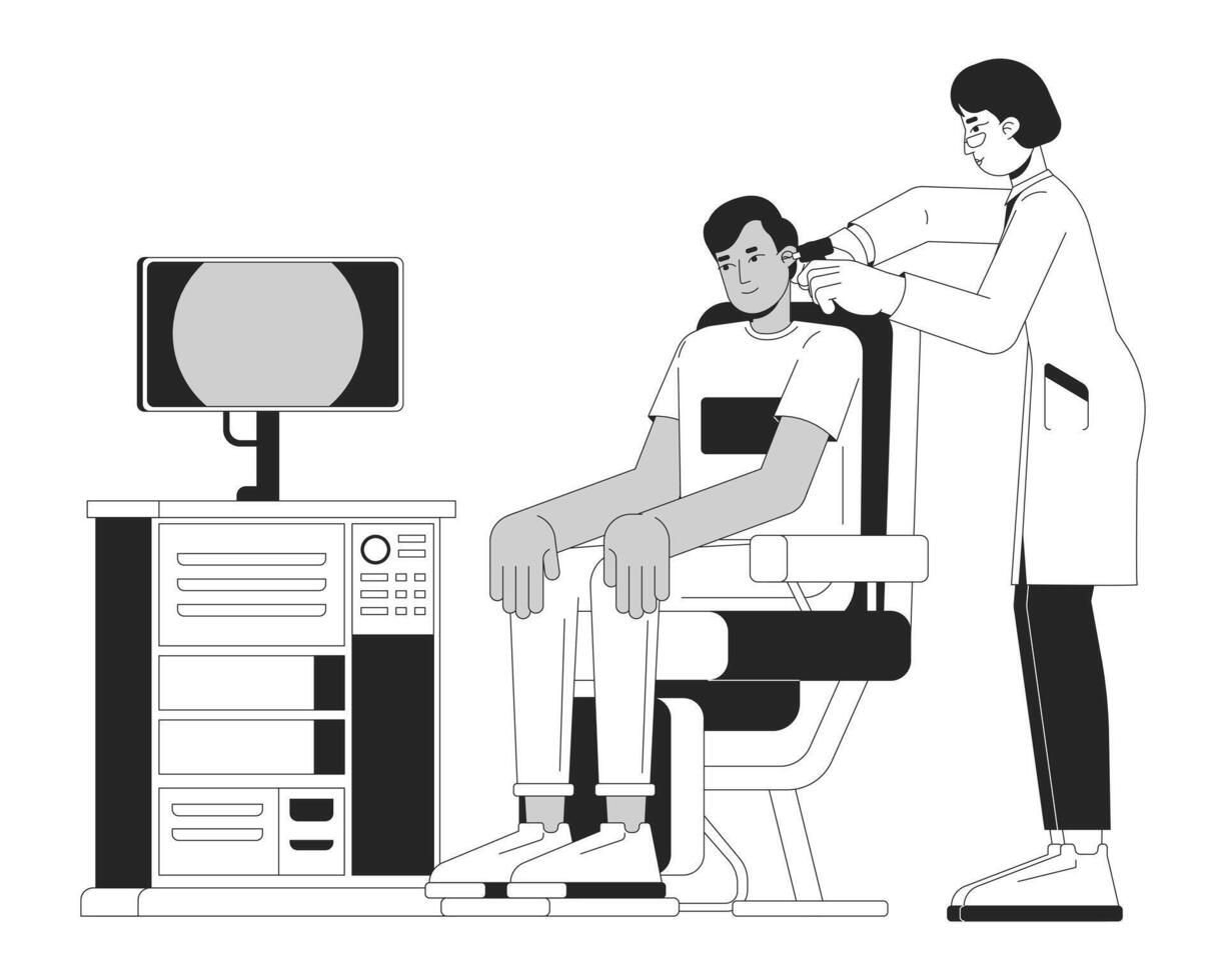 Ear examination linear illustration. Asian female audiologist with ent device. Otolaryngologist performing patient checkup 2D line characters isolated on white. Monochrome outline image vector