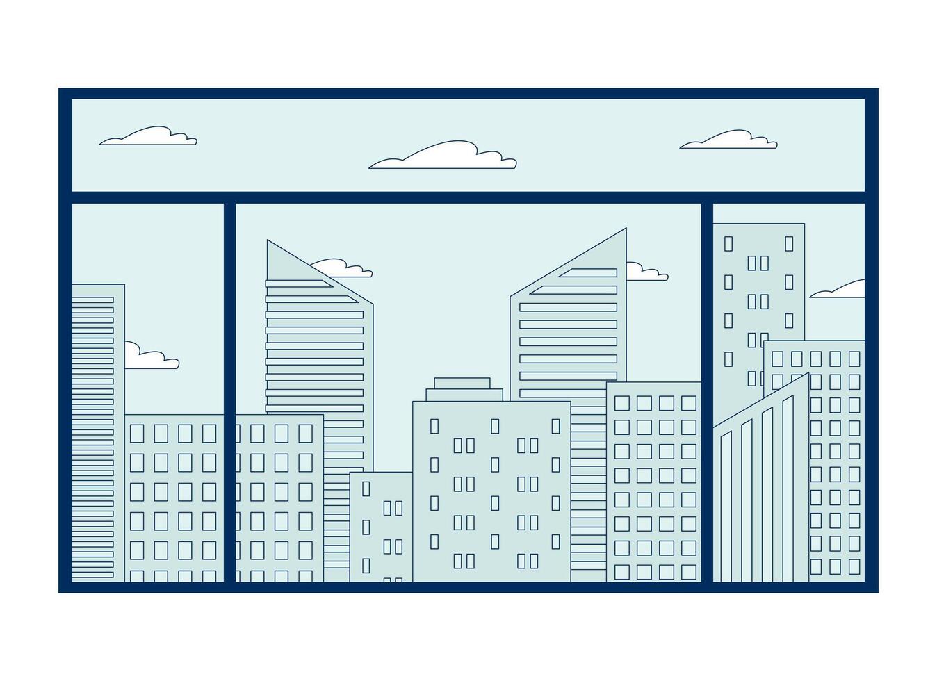 City skyline through window 2D cartoon object. Modern buildings, clouds. Architectural view. Urban landscape. Cityscape isolated element flat clipart on white background. Spot illustration vector