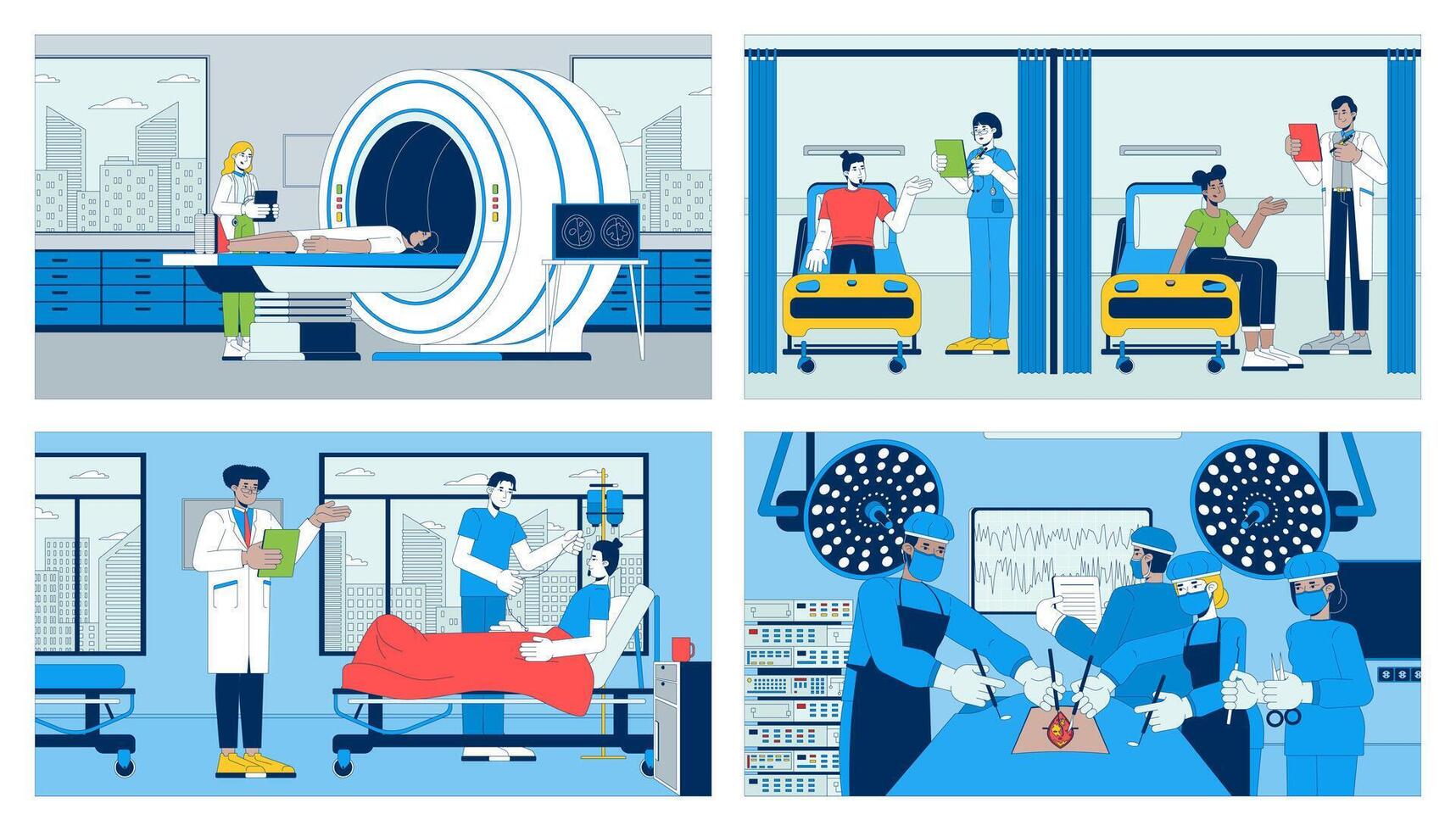 Hospital medical treatment cartoon flat illustrations set. Multicultural doctors 2D characters colorful backgrounds. MRI scanner, emergency room, surgery scenes storytelling images collection vector