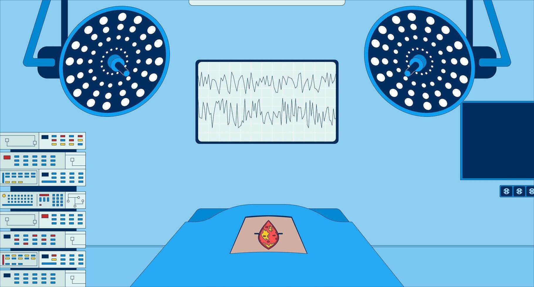 Empty operating theater flat illustration. Surgery room. Operation table with incision 2D interior cartoon background. Surgical lamps, medical equipment racks, monitor eeg brainwave scene image vector