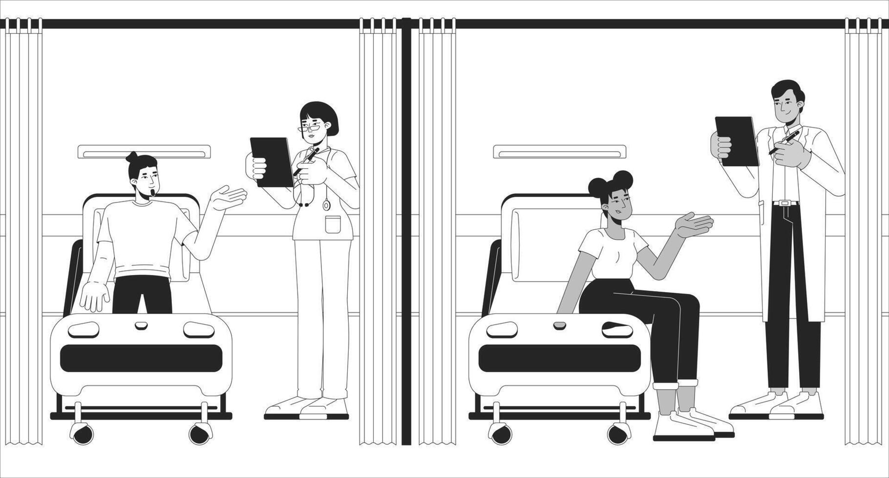 Emergency room patients black and white line illustration. ER medicine. Diverse people in hospital beds talking with physician, nurse 2D characters monochrome. Medical care outline image vector