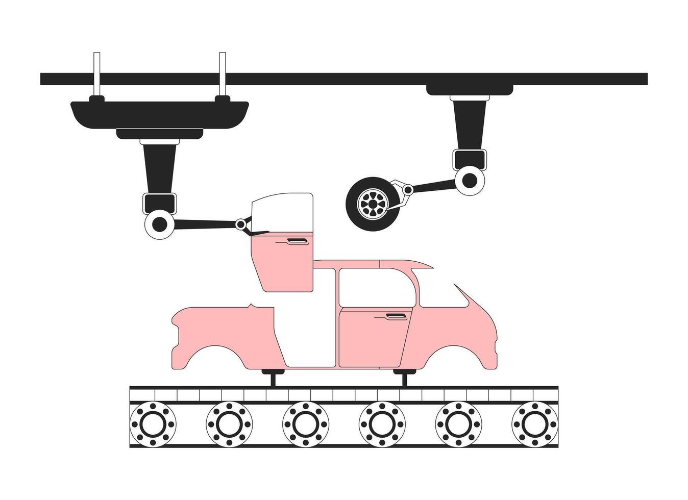 Car manufacturing process black and white 2D line object. Factory production line. Robotic arms attaching automobile wheel, door isolated clip art outline item. Monochromatic spot illustration vector