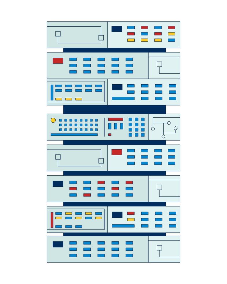 Vertical data server rack with panels and buttons 2D cartoon object. Computing equipment. Digital technology. Storage device isolated element flat clipart on white background. Spot illustration vector