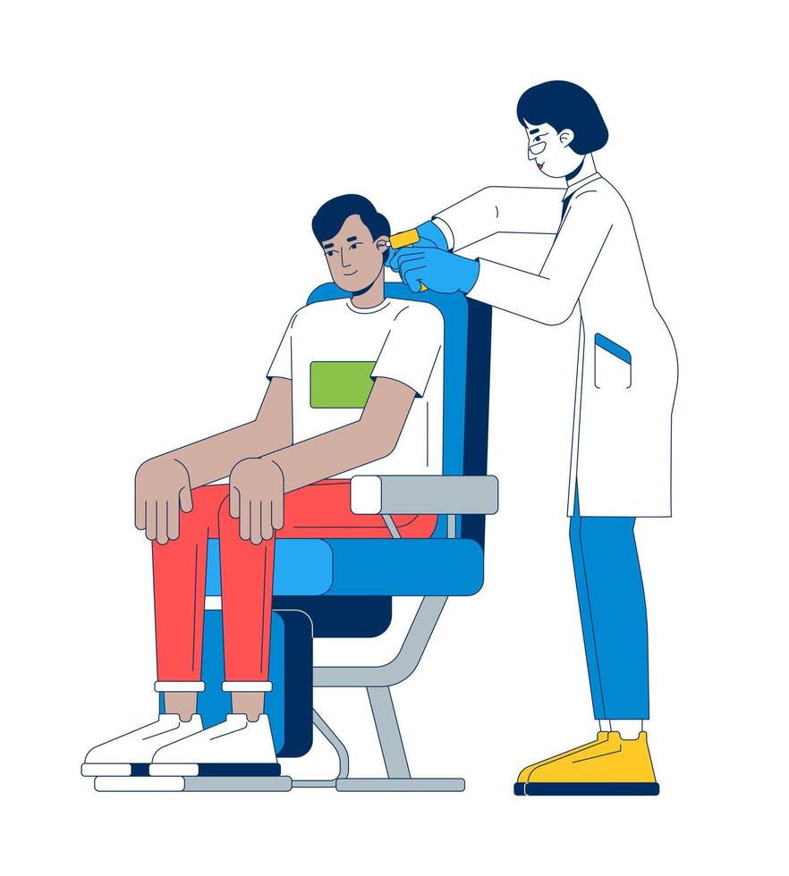 Seated male patient undergoing ear examination by doctor 2D cartoon characters. Routine medical checkup. Diverse adults isolated people flat on white background. Spot illustration colorful vector