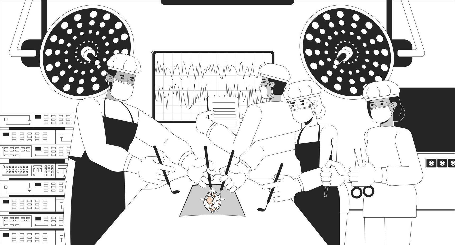 Multicultural doctors performing surgery black and white line illustration. Scrubs surgeons operating together with scalpels 2D characters monochrome. Surgical procedure outline image vector