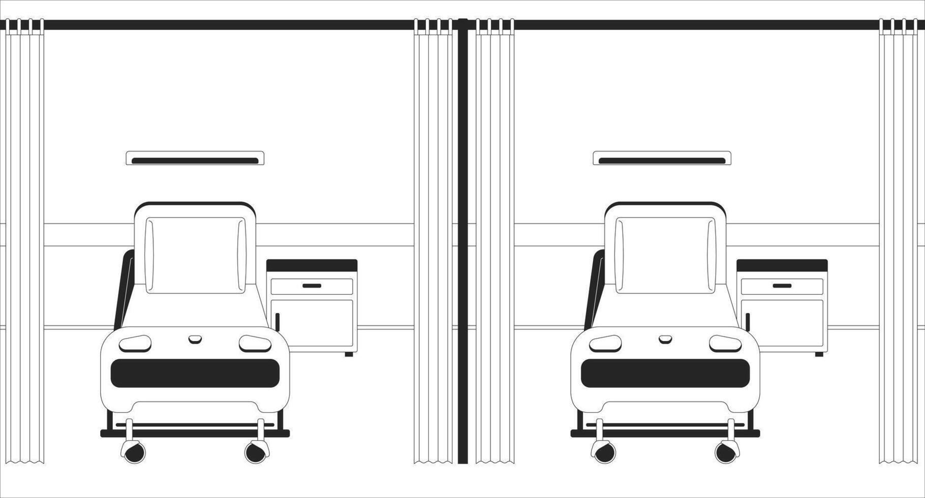 Emergency room with hospital beds black and white line illustration. ER hallway with medical furniture 2D interior monochrome. Hospital cubicles curtains. Inpatient care accommodation outline vector